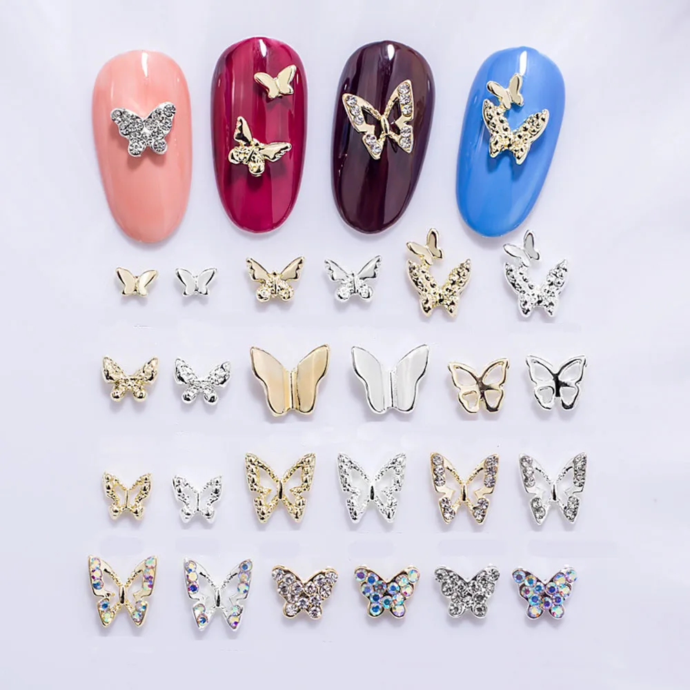 Mini Hollow Butterfly Nail Charms, Metal 3D, Prata, Ouro, Diamante, Pérola, Decoração de Unhas, DIY, Acessórios de Luxo, 10Pcs