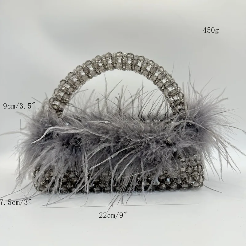 Women\'s wedding purse Ostrich wool handmade beaded bag Fashion feather handbag for autumn winter dinner studded clutch bag