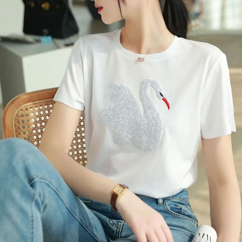 

Elegance Temperament 3D Embroidered Flares Swan Printing Summer Women Short Sleeve Pure Cotton New Loose Round Neck T-shirt