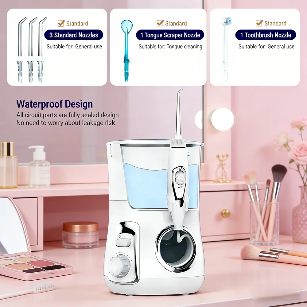 

Настольный электрический ирригатор для полости рта с 10 режимами, резервуаром для воды 800 мл, набор для ежедневного ухода за зубами, 5 насадок