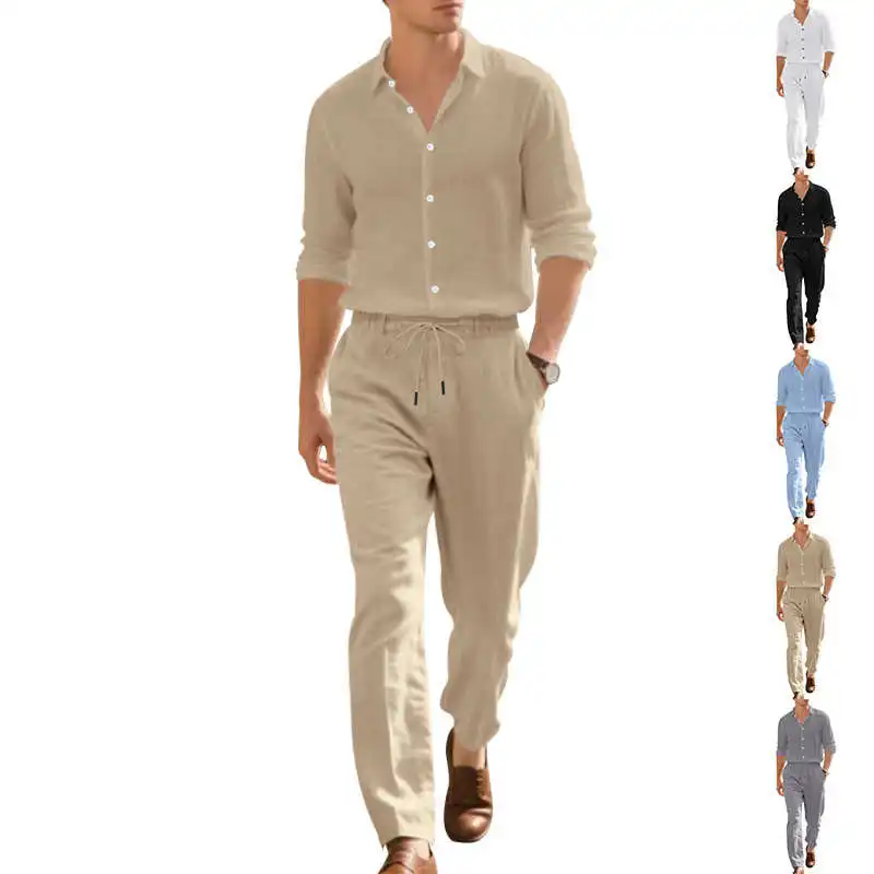 

Men's Summer Casual Sport Two-Piece Set Thin Loose Long Sweater irt And Long Pants Cotton 00% Lycra Stretch Comfortable Fit