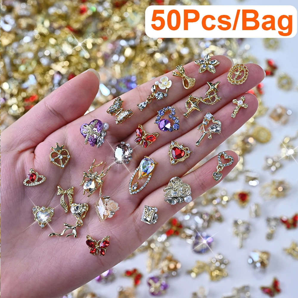 50Pcs Mixed 3D Metal Rhinestone Nail Art Charms Luxury Gold Alloy Ribbon Bow Cross/ Star /Butterfly Gems Nail Metal Nail Jewelry