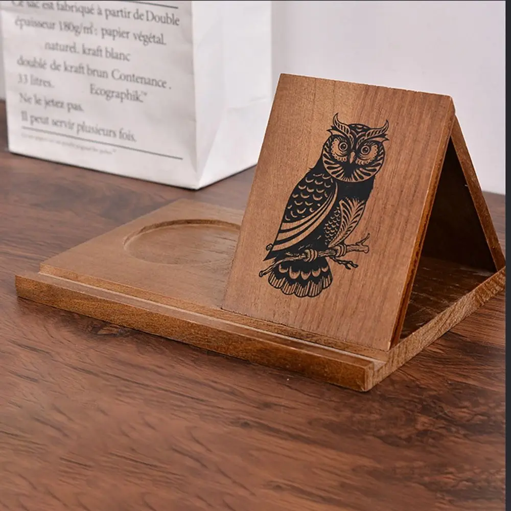Removable Wooden Reading Stand Handmade Owl Triangle Book Stand Small Bookshelf with Cup Holder Multifunctional Recipe Shelf