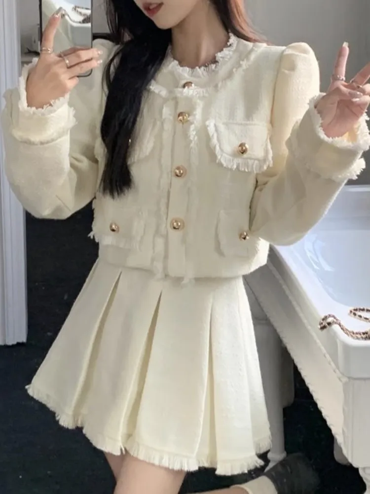 

Korean Fashion Women Solid Tweed Skirts Suit Elegant Chic Jackets Coat Mini Pleated Skirts Two Pieces Set Female Clothes Outfits