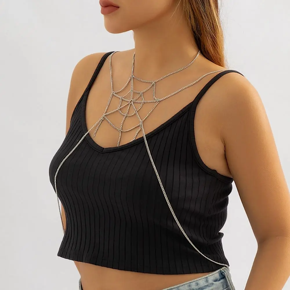 

Creative Sexy Spider Web Body Chain Metal Tassel Halloween Breast Chain Silver Jewelry Spider Web Thigh Chain Party Decoration