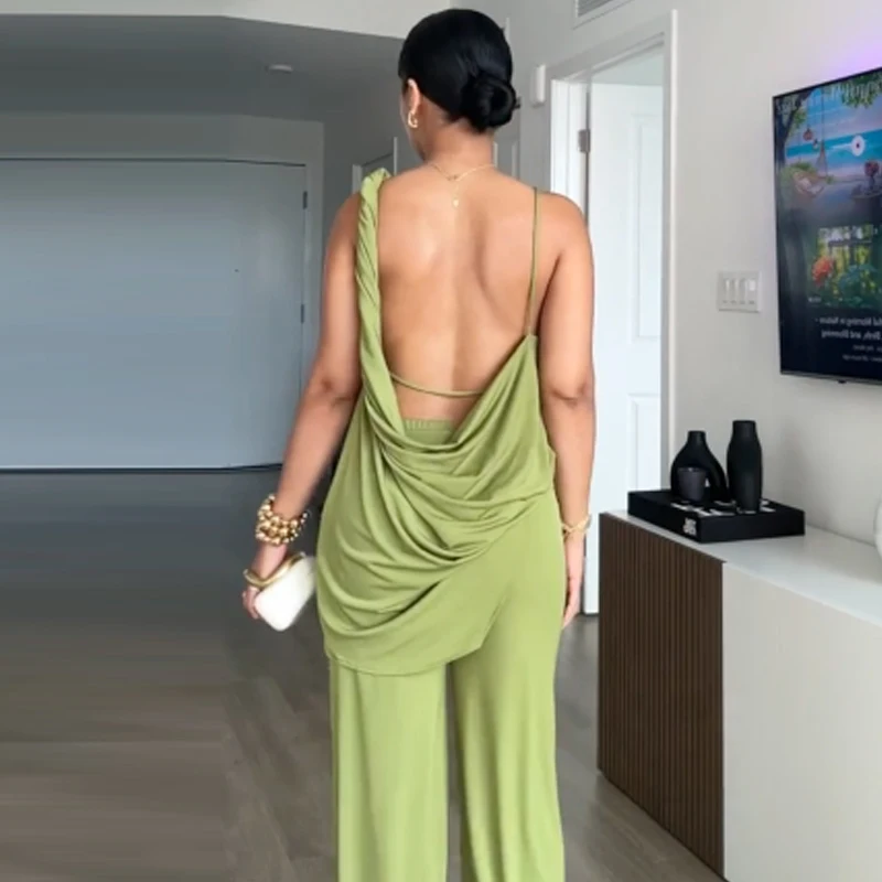 Hxao conjuntos de calças verdes femininas, duas peças, babados, assimétrico, top deslizante, roupa chique, cintura alta, drapeado, pernas largas