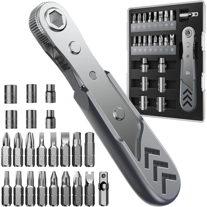 23-in-1 Right Angle Ratcheting Screwdriver Set with 36-Tooth Mini Ratchet Wrench Magnetic Offset Screwdriver for Repair