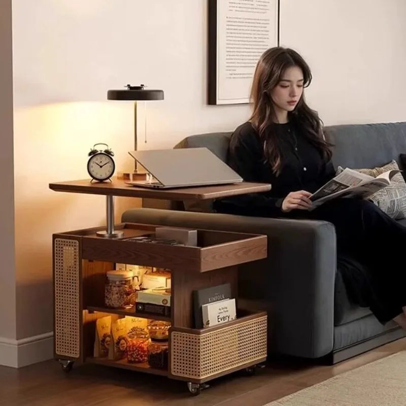 Lifting Side Table Removable Rattan Wabi-**** Wind Living Room Sofa Side Cabinet Home Dining Room Trolley Rotatable Coffee Table