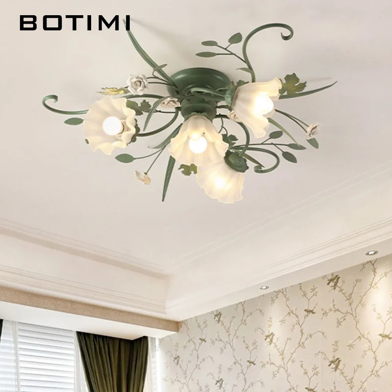 Imagem -03 - Botimi Campo Luzes de Teto com Flores Abajur Vidro para Foyer Quarto Lâmpada Romântico Montado Metal Iluminação Teto