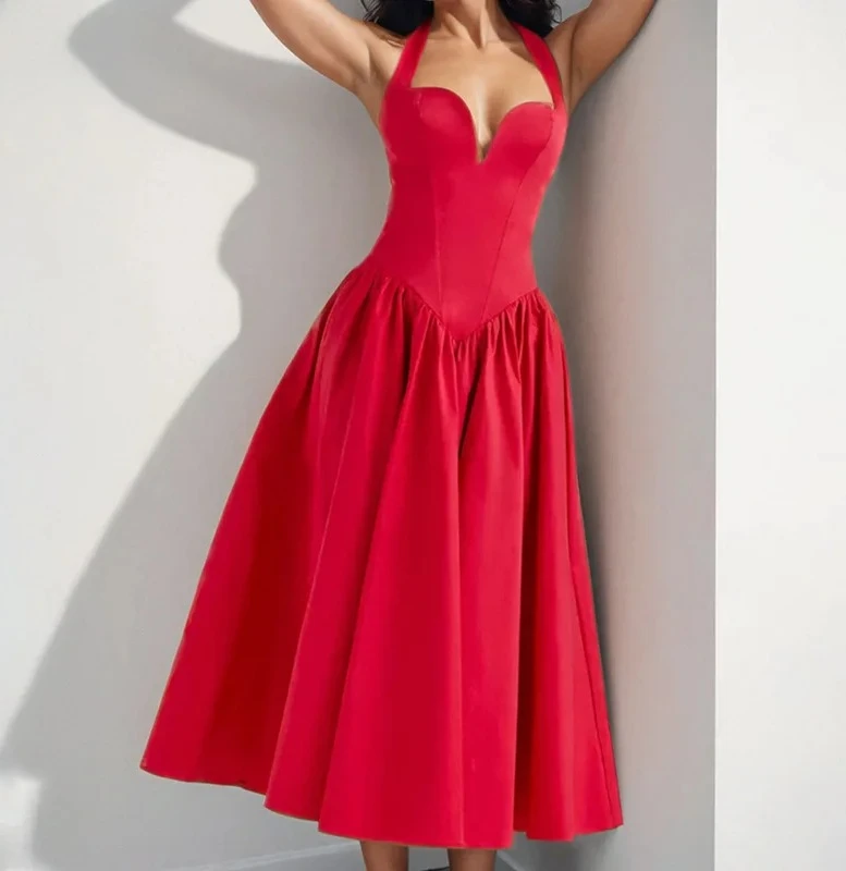 Dames Halter Hals Sweetheart Jurken Nieuwe Zomer Effen Kleur Elegante Formele Party Prom A-lijn Jurk