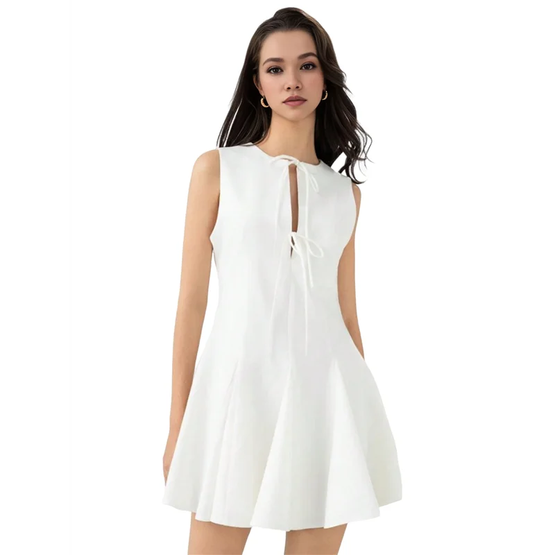 

Sleeveless A Line Mini Dress For Women Summer Tie Front Club Party Bow- Short Zipper Dresses