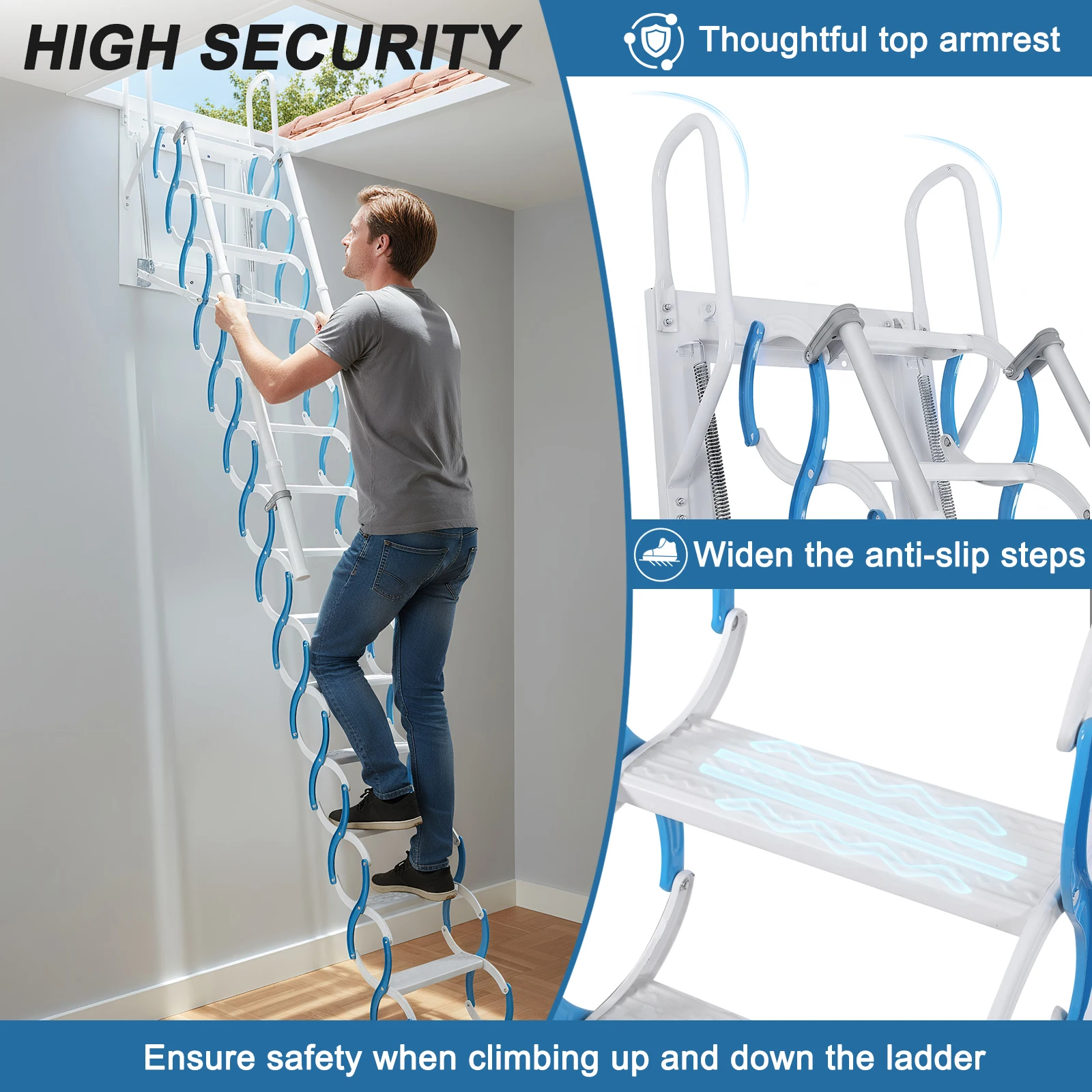 

Ceiling Mount Attic Ladder Folding Retractable Loft Ladders Manganese Steel 661 LBS Capacity Suitable for Garages Roofs Basement