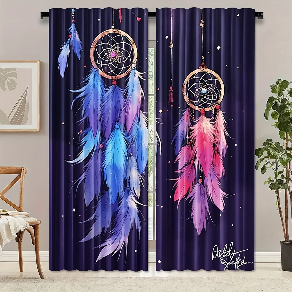 Boho Dreamcatcher Curtain Panels, Vibrant Gradient Feather Dreamcatcher Star Night Sky Art Print Drapes for Bedroom Living Room