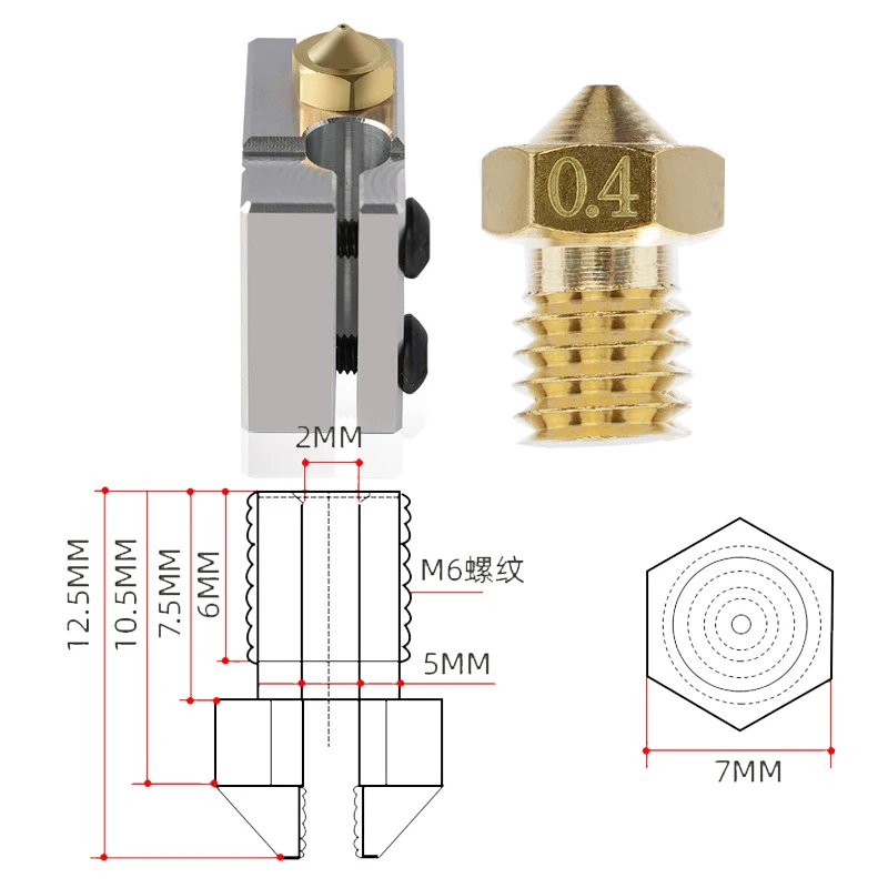 Extruder Printing Head E3D Brass Nozzle M6 Thread For V5/6 1.75/3.0 Filament 0.2-1.0mm Extruder Head 3D Printer Nozzle Parts