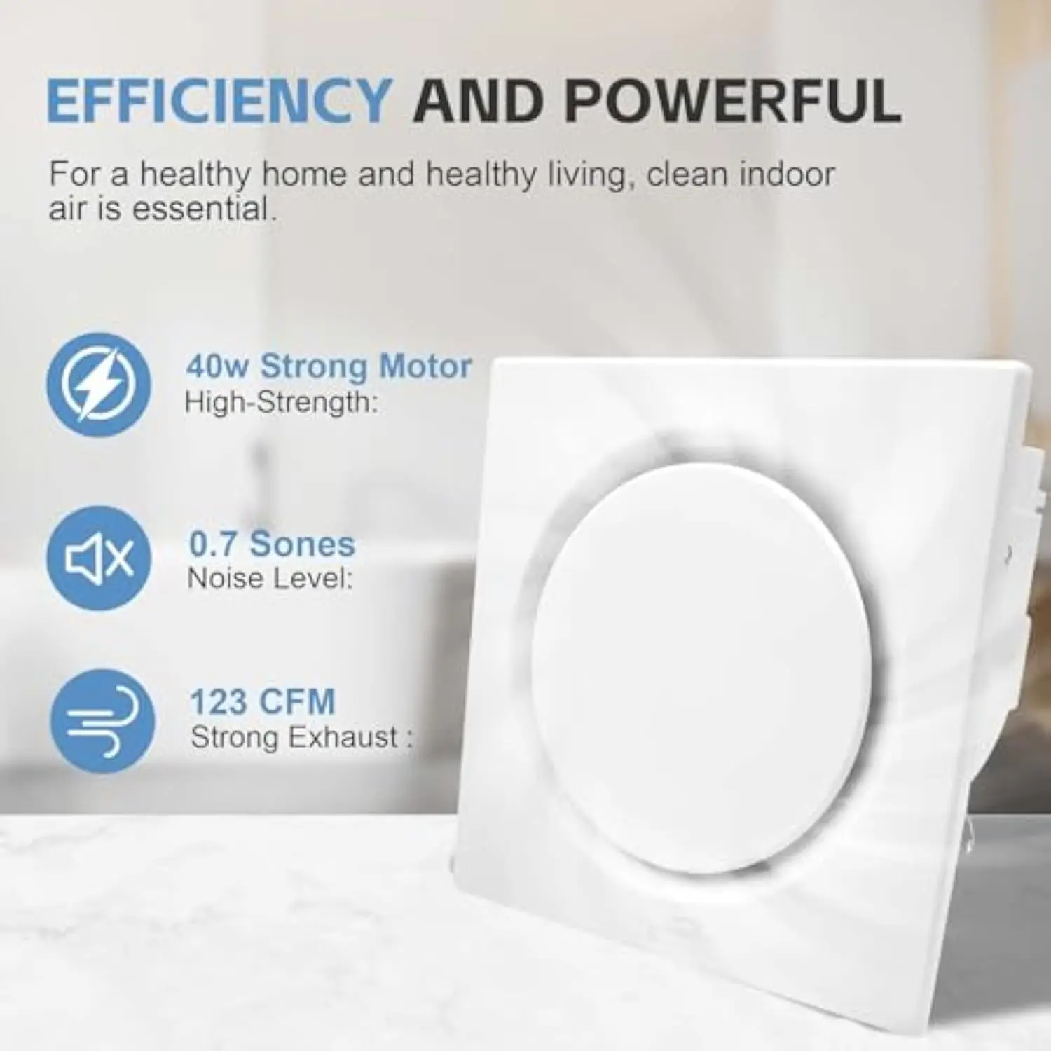 Bathroom Fan Ultra-Quiet Bathroom Ventilation, Exhaust Fan,123CFM 0.7 Sones 40W,4 Inch Duct Collar,White,9 Inch Opening size,Ea