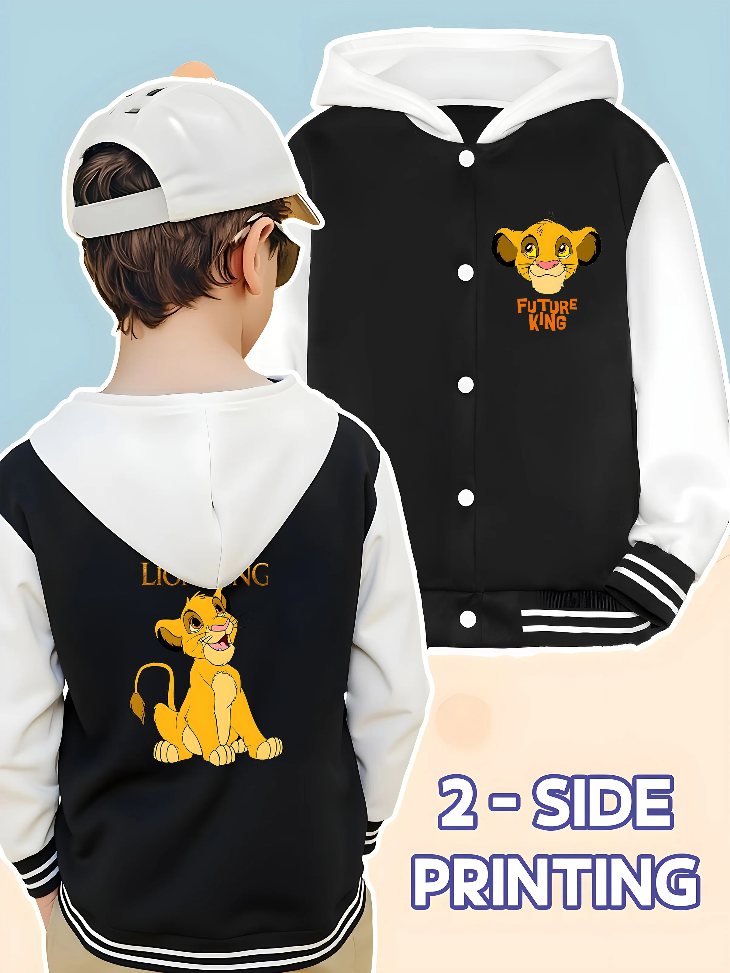 Jaket Baseball Anak Laki-Laki MINISO Disney - Cetakan Simba Raja Singa "Raja Masa Depan", Singa Kecil, Cocok untuk Sekolah dan Bermain, Unik