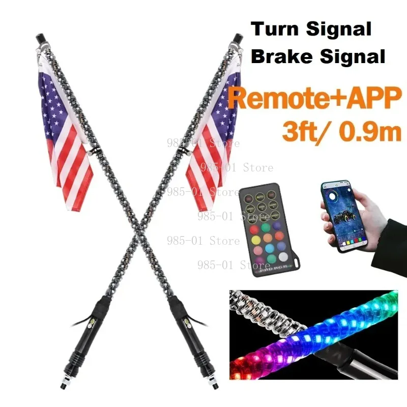 3ft 4ft 5ft 6ft RGB LED Whip Lights for UTV ATV RZR, Off-Road APP Remote Control, Waterproof Flexible Antenna Whip