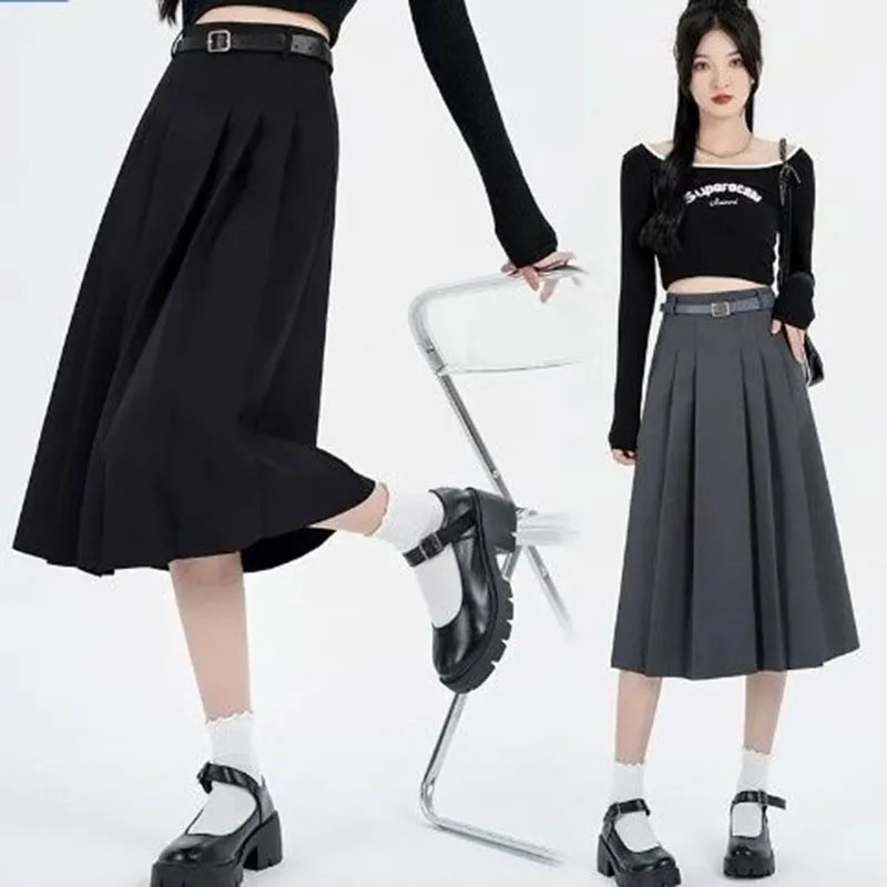 Lucyever Black Gray Pleated Skirt Women 2025 Summer Preppy Style High Waist A-Line Skirts Girl Korean Streetwear Long Skirts