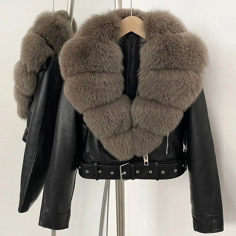 

2025 Fall Winter Ntural Big Fox Fur Collar Women PU Leather Jackets Fashion Zipper Belt Female High Street Short Leather Jacket