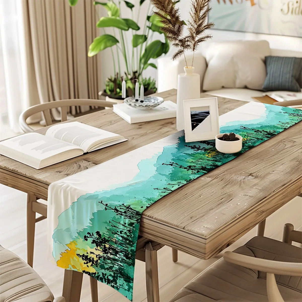 

decor table runner Mountain Forest Watercolor Scenic / Landscape Style Table Flag for wedding,Restaurant,Holiday Gathering New Y