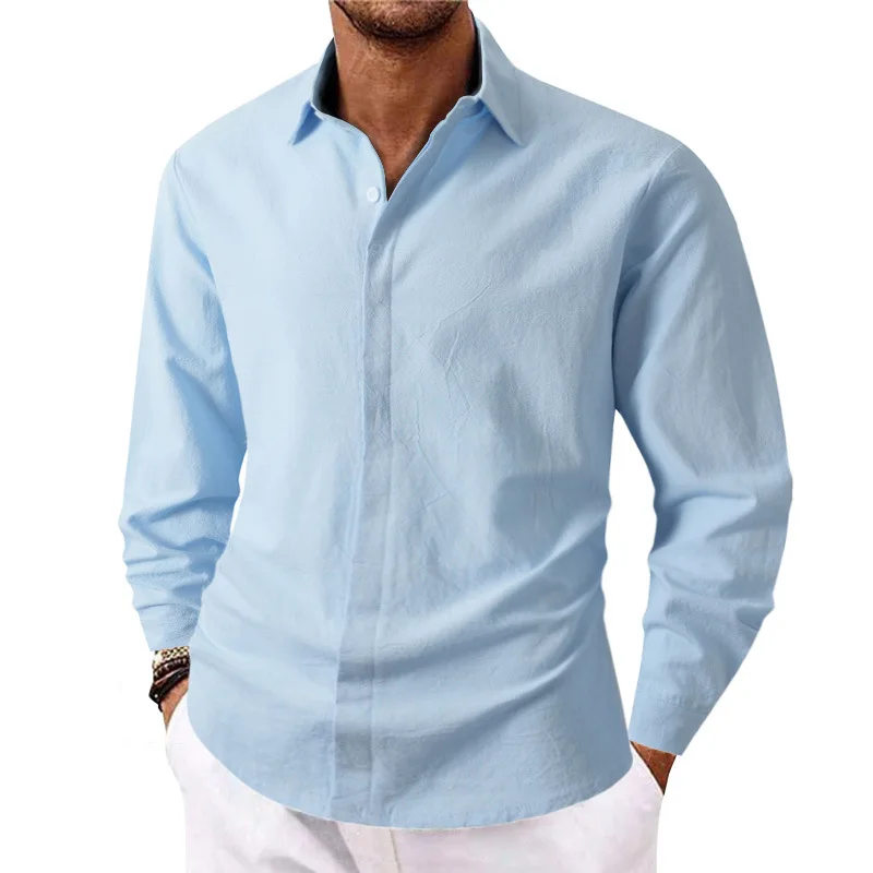 2026 Spring and Autumn Lapel Men's Simple Personality Solid Color Commuter Casual Long Sleeve Shirt