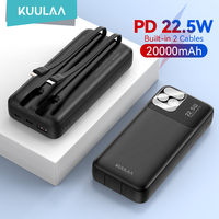 KUULAA 20000mAh Portable Power Bank With 2 Cables 22.5W Digital Display Powerbank For iPhone 16 15 14 Samsung Huawei Power Bank