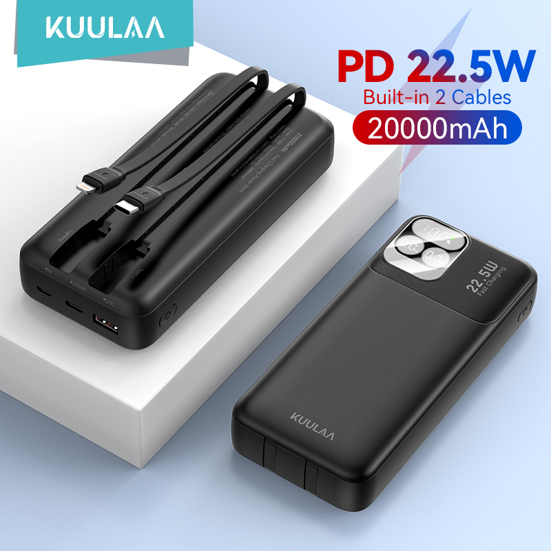  KUULAA 20000mAh Portable Power Bank With 2 Cables 22.5W Digital Display Powerbank For iPhone 16 15 14 Samsung Huawei Power Bank 