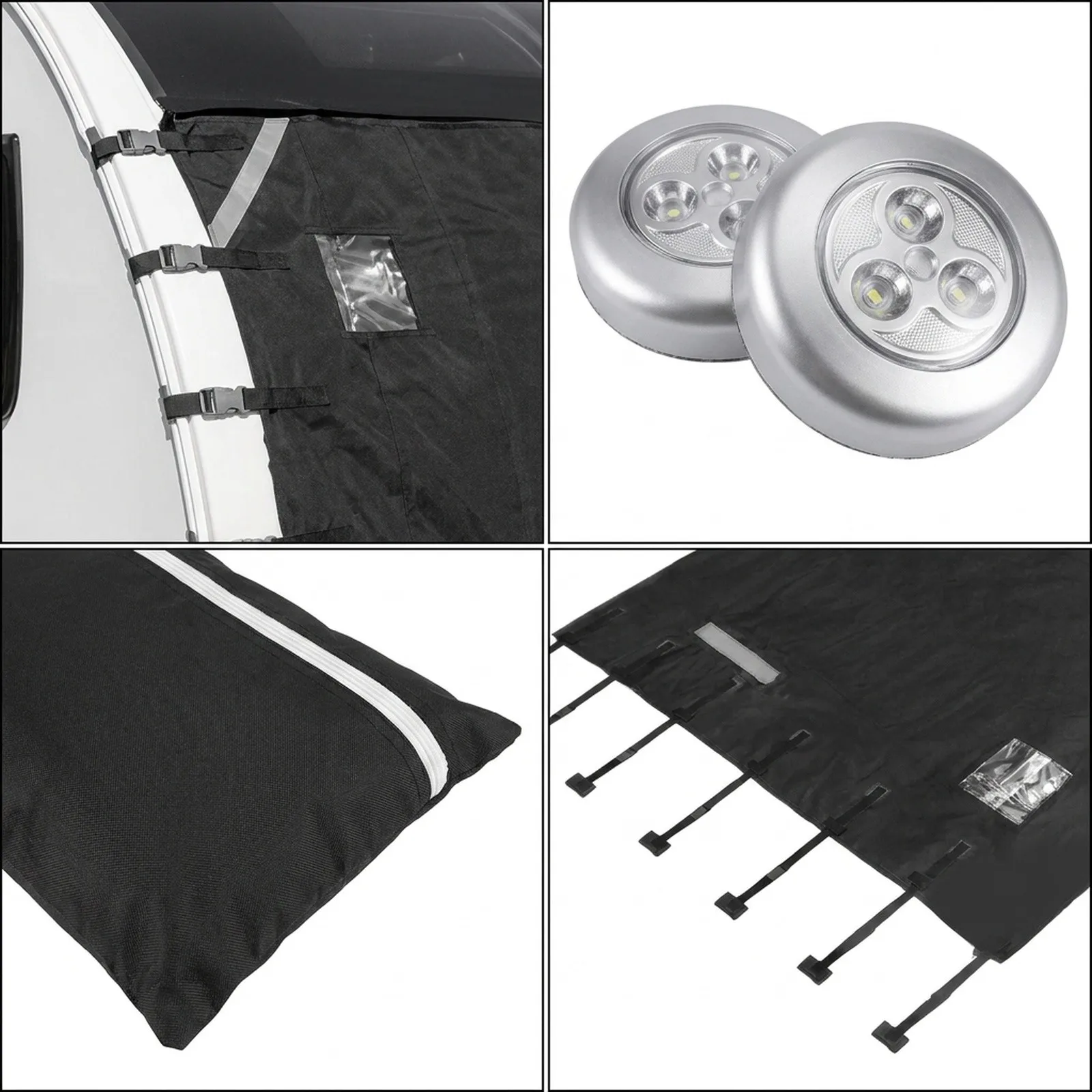 Cover for Front Section of RV with Reflective Elements and Independent Light Placement to Increase Roadside Awareness