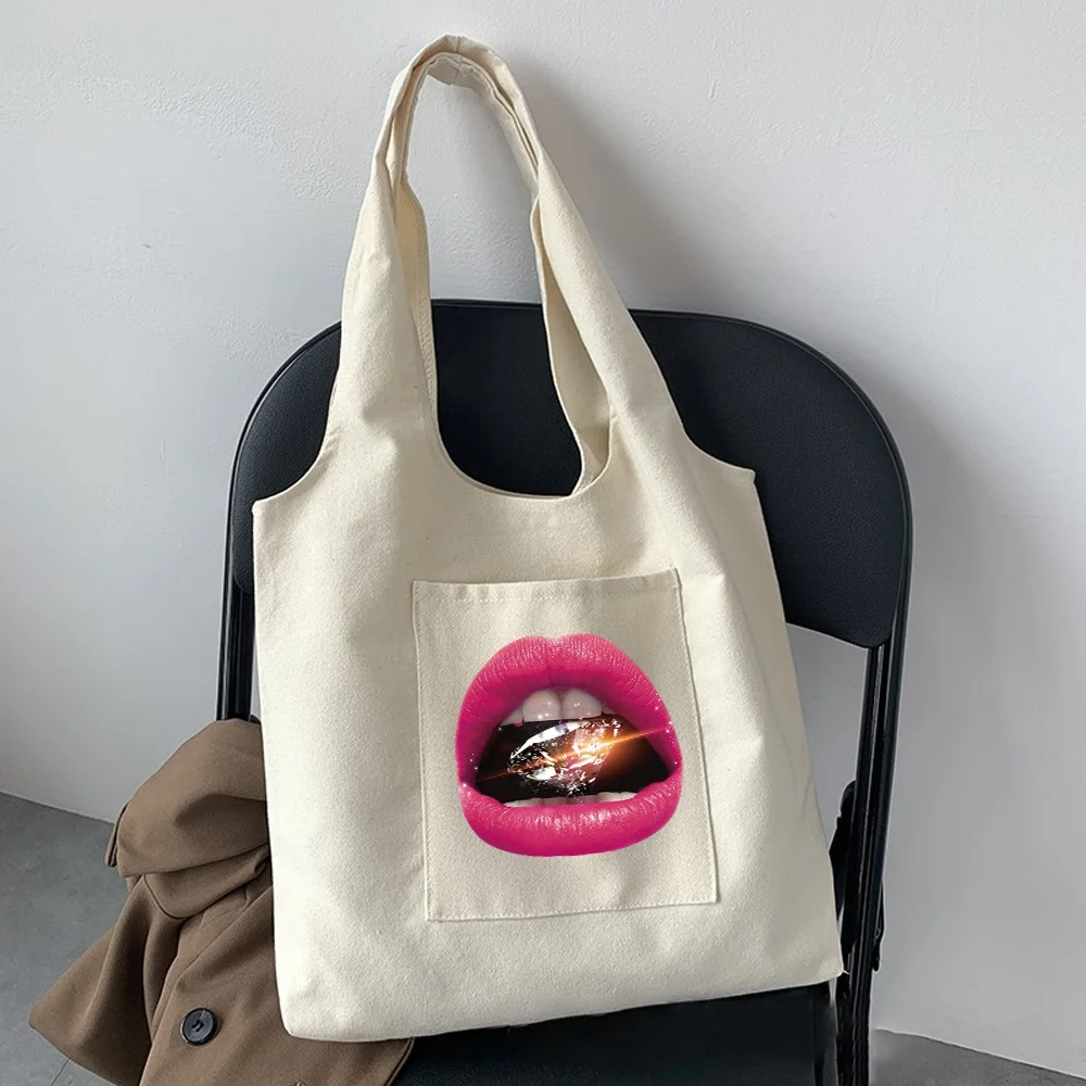 Women Fashion New Sweet Style Commuter Bag Shoulder Bag Sexy Lip Pattern Print Beige Canvas Tote Bag Shopping Ladies Handbag