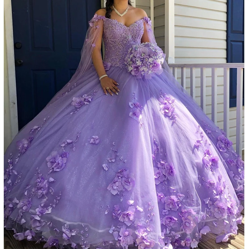 Vestido De quinceañera De princesa lila brillante personalizado 2023 con capa apliques De flores 3D Beadig dulce 16 Vestido De 15 Anos YQD306