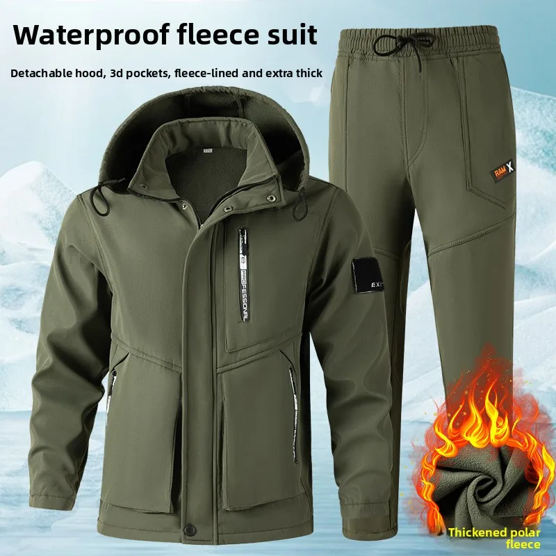 

Winter men's workwear set with added fleece and thickening, cold resistant, warm and waterproof outdoor assault suit