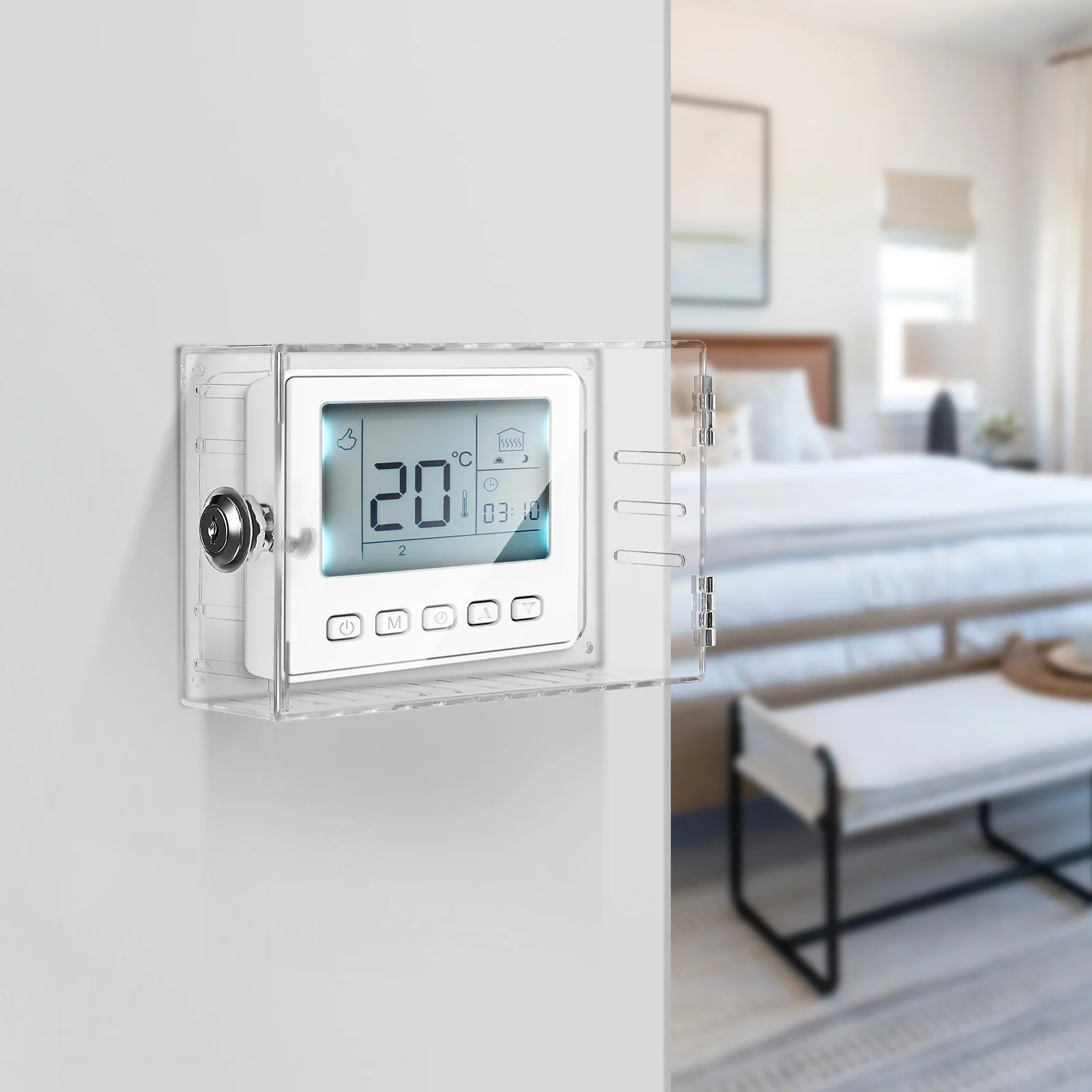 Cubierta del termostato Protector transparente bloqueable Cerradura con llave Montaje en pared Sistema de durabilidad de fácil instalación