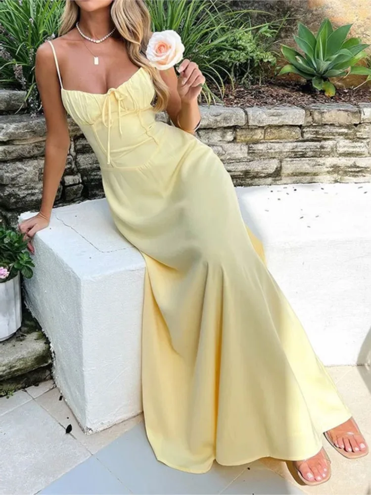 

Dresses For Woman Elegant A-line Solid Color Evening Dress Sleeveless Temperament Vestidos Off Shoulder Spaghetti Strap Trendy