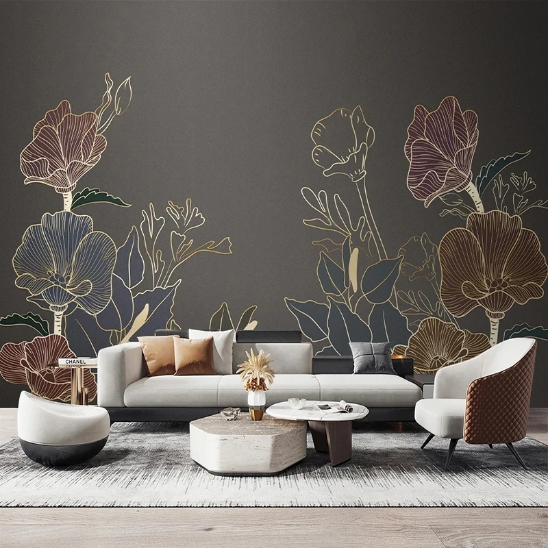 Nordic Light Luxury Plant Line Fiori dipinti Carta da parati Pittura murale 3D Soggiorno Camera da letto TV Divano Decorazioni per la casa Arte murale 3D