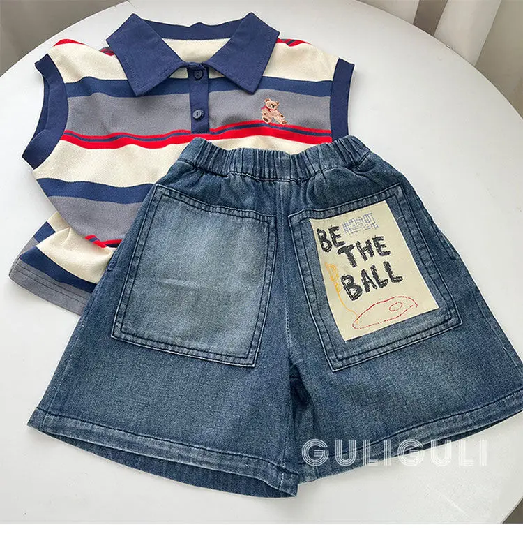 Boys Set Summer 2024 Korean Version Sleeveless Outerwear Cool Children\'s POLO Shirt and Oversize Denim Shorts Baby Set Two-piece