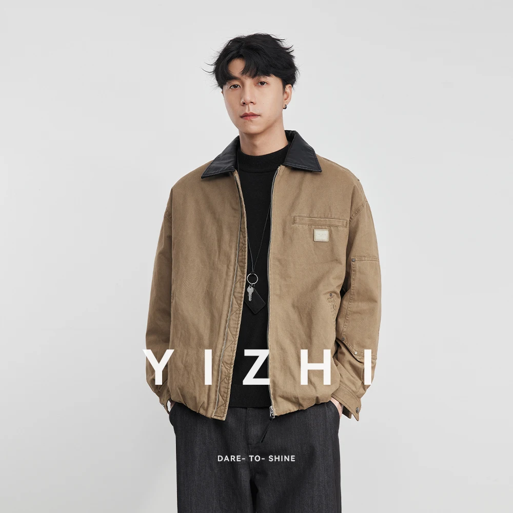 

Fashion Men's Patchwork PU Leather Lapel Down Jacket 2025 Winter New Men's Casual Loose American Retro Jacket