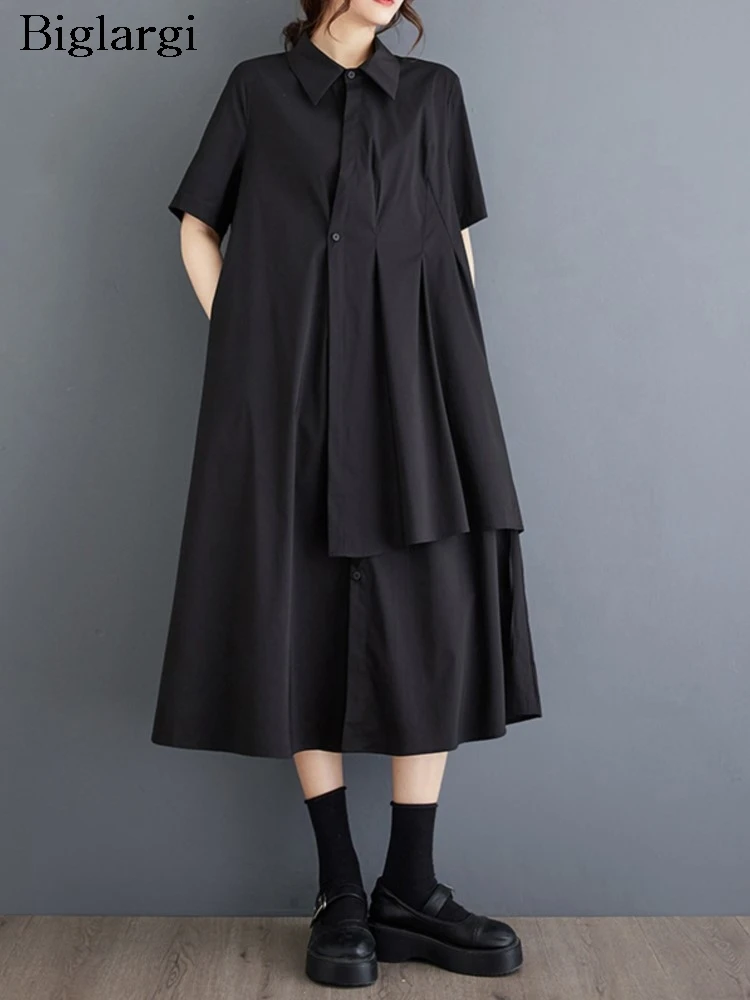 Oversized Summer Midi Shirt Dress Women Irregular Patchwork Fashion Loose Pleated Ladies Dresses Short Sleeve Casual Woman Dress