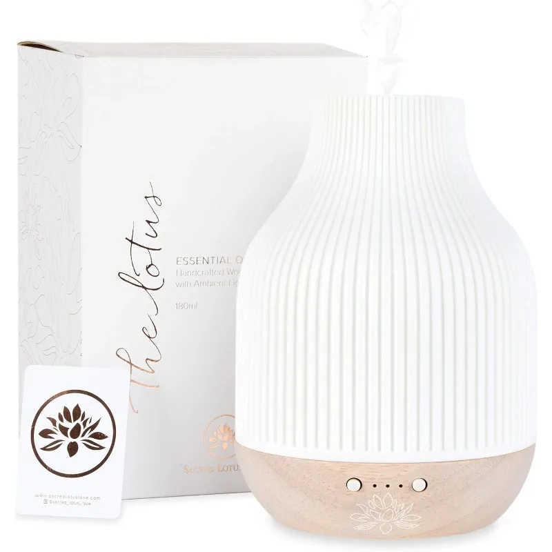 

Essential Oil Diffuser Lamp, White Ceramic + Wood, Ultrasonic 180ml, Whispersoft, 4 Timers + 5 Light Settings, Auto Shut Off