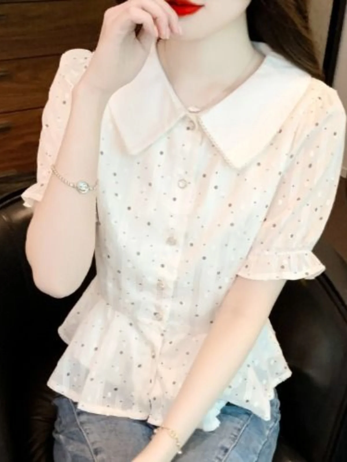 sweet-youthful-doll-collar-chiffon-irt-summer-women-waist-cinching-bubble-sve-hem-irt-unique-small-ence-wave-two-p