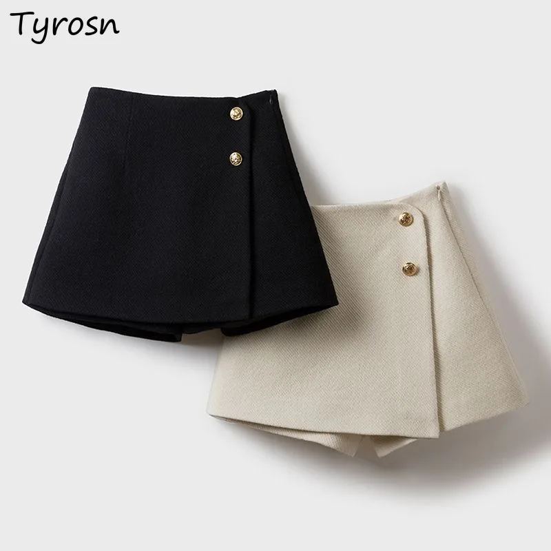 Tweed Wide Leg Shorts Skirts Women Chic Empire All-match Button Minority Elegant A-line Autumn Winter Thick Popular Daily Female