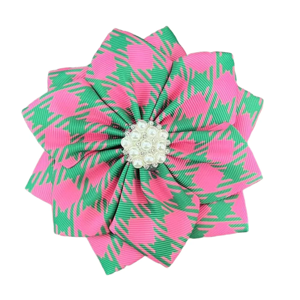 

Newly designed Greek logo pink green women's jewelry flower brooch