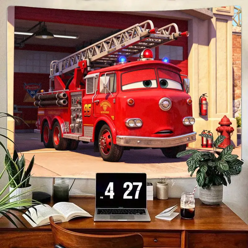 

Красный гобелен с изображением пожарной машины Disney Cars, 1 шт., современное настенное искусство из полиэстера с героями мультфильмов для декора детской комнаты для мальчиков, подарок пожарному.