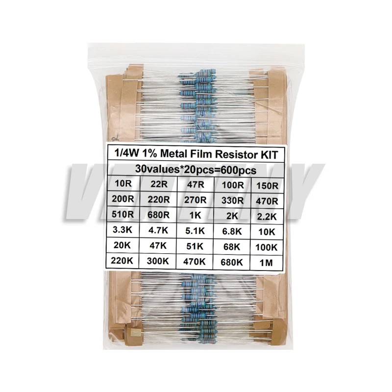 600pcs/Lot 300pcs/Lot 30 Values 1/4W Resistance 1% Metal Film Resistor Pack Assorted Kit 1K 10K 100K 1M 100 220 470 ohm