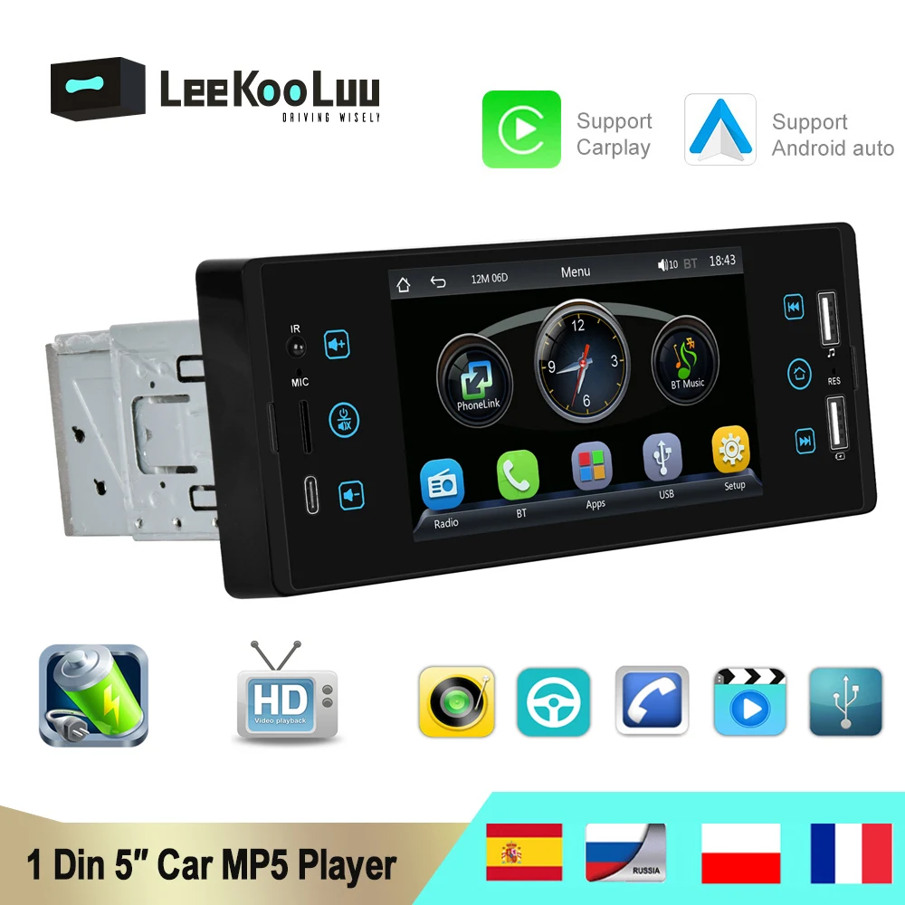 

LeeKooLuu 1 Din 5" Universal Car MP5 Player Bluetooth FM Radio Receiver Wireless Carplay 1Din Multimedia For VW Toyota Kia Ford