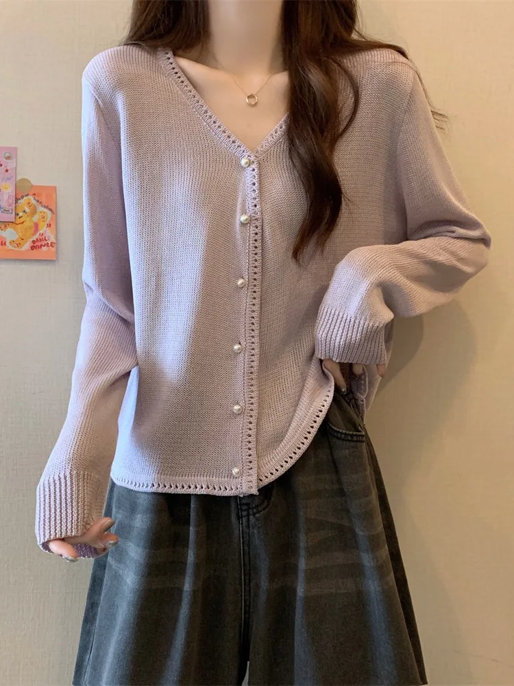 

Фиолетовый вязаный кардиган свободного кроя для женщин, повседневный стиль, V-образный вырез, длинный рукав, из ледяного шелка, весенняя мода, большие размеры