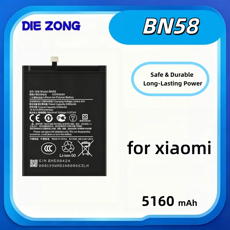 BN58 5160mAh High Capacity Replacement Mobile Phone Battery Long Lasting Li‑Polymer Built‑in Battery for Xiaomi Smartphone