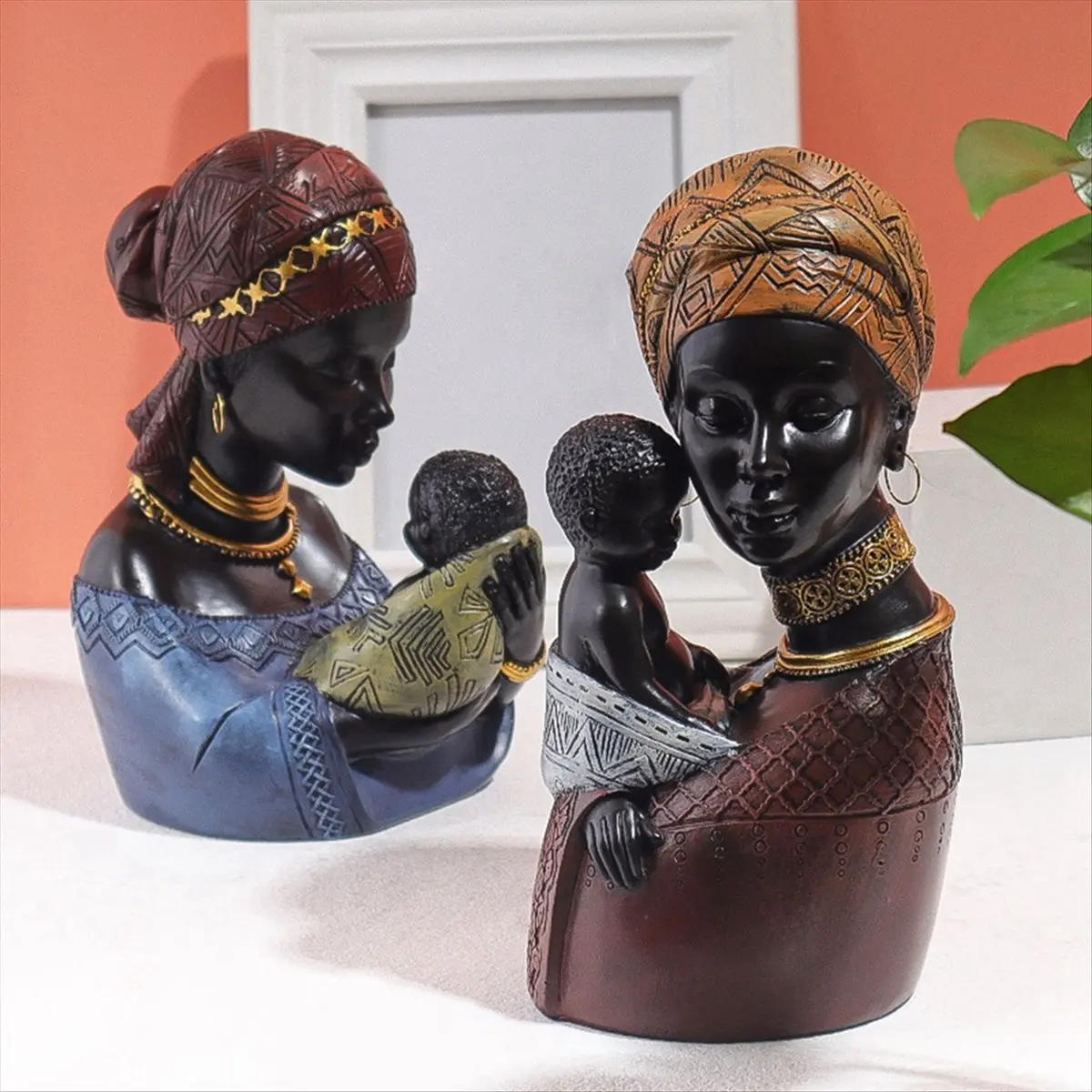 ديكور المنزل ABYB، منحوتة فنية أفريقية، ديكور أفريقي، تمثال المرأة والابن، مثالي لتزيين سطح الطاولة في غرفة المعيشة باللون الأحمر #5