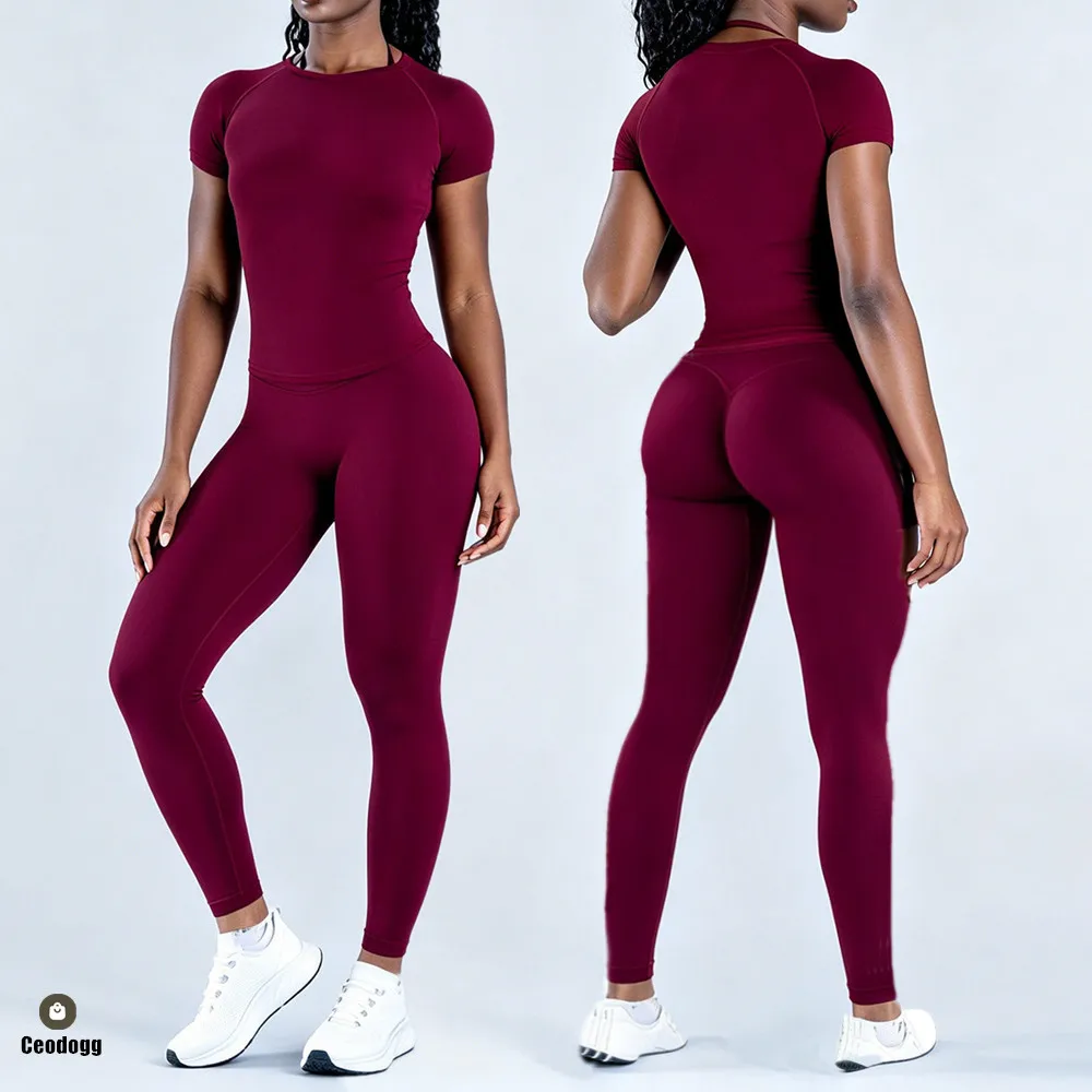 Nologo 2PCS DrDmpact Women Short Sleeve Crop Tops Yoga Set Scrunch Workout Pant Fitness Gym Sculpt Legging Activewear XP389