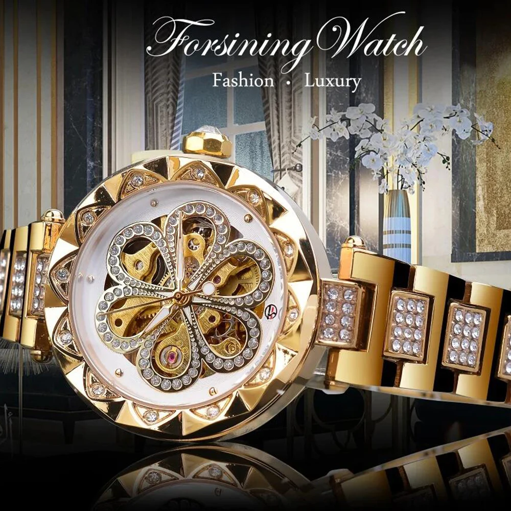 Forsining Elegant Fashion Women Automatic Mechanical Watches Luxury Diamond Stainless Steel Waterproof Ladies Stylish Wristwatch