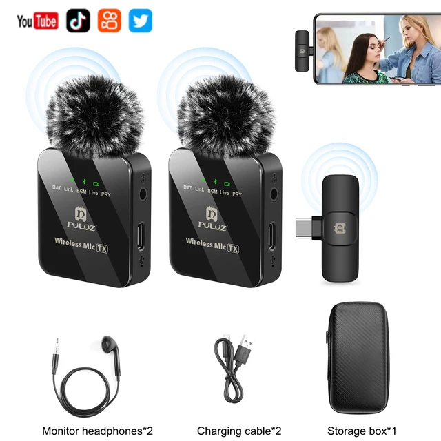 PULUZ 2.4G bezprzewodowy mikrofon krawatowy transmisja na żywo mikrofon do gier dla iPhone typu C kamera z systemem Android Audio wideo dla YouTube
